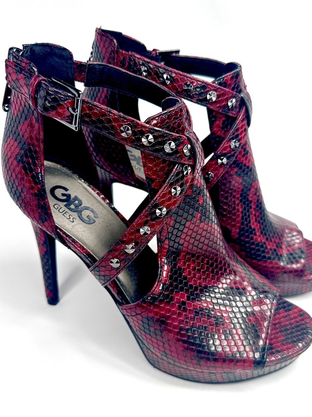 G by Guess Jasin Red and Black Snakeskin-Pattern Studded High Heel Sandals NWOT